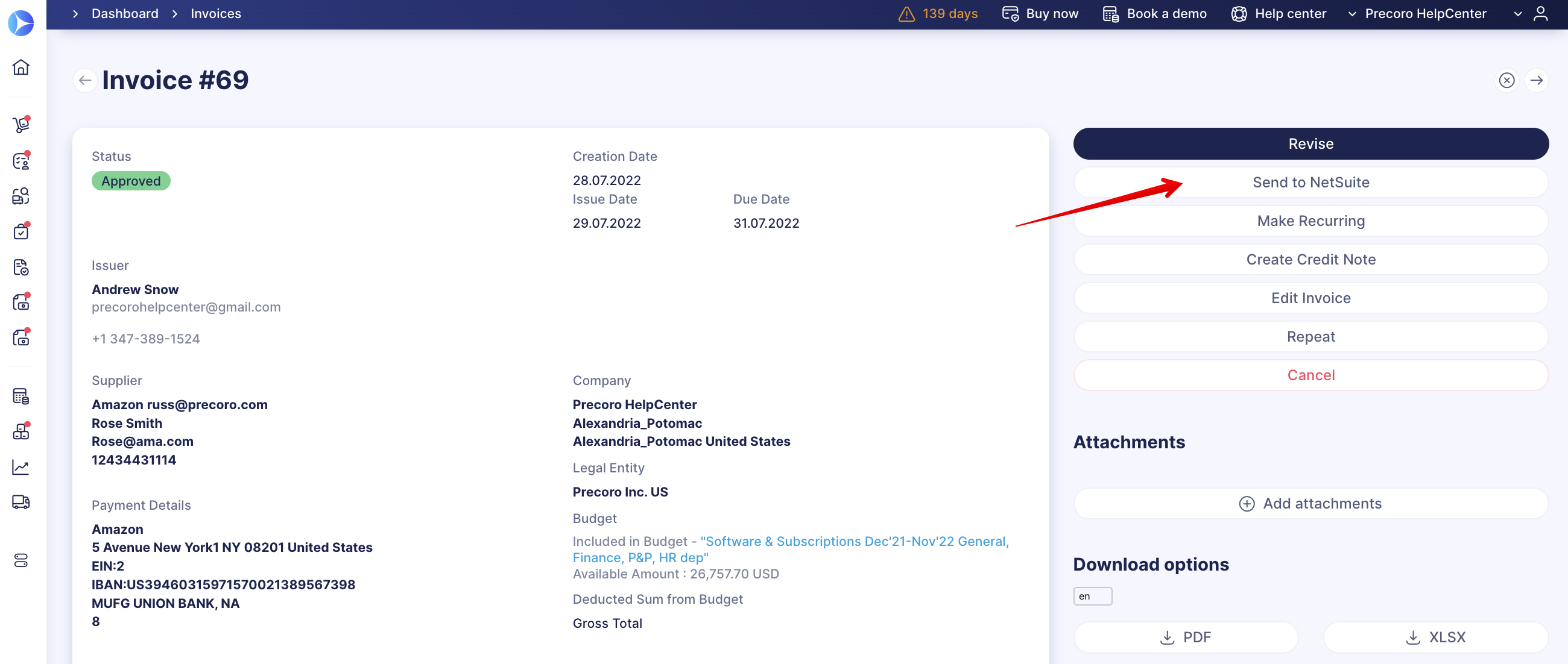 Netsuite invoices payments and credit notes integration